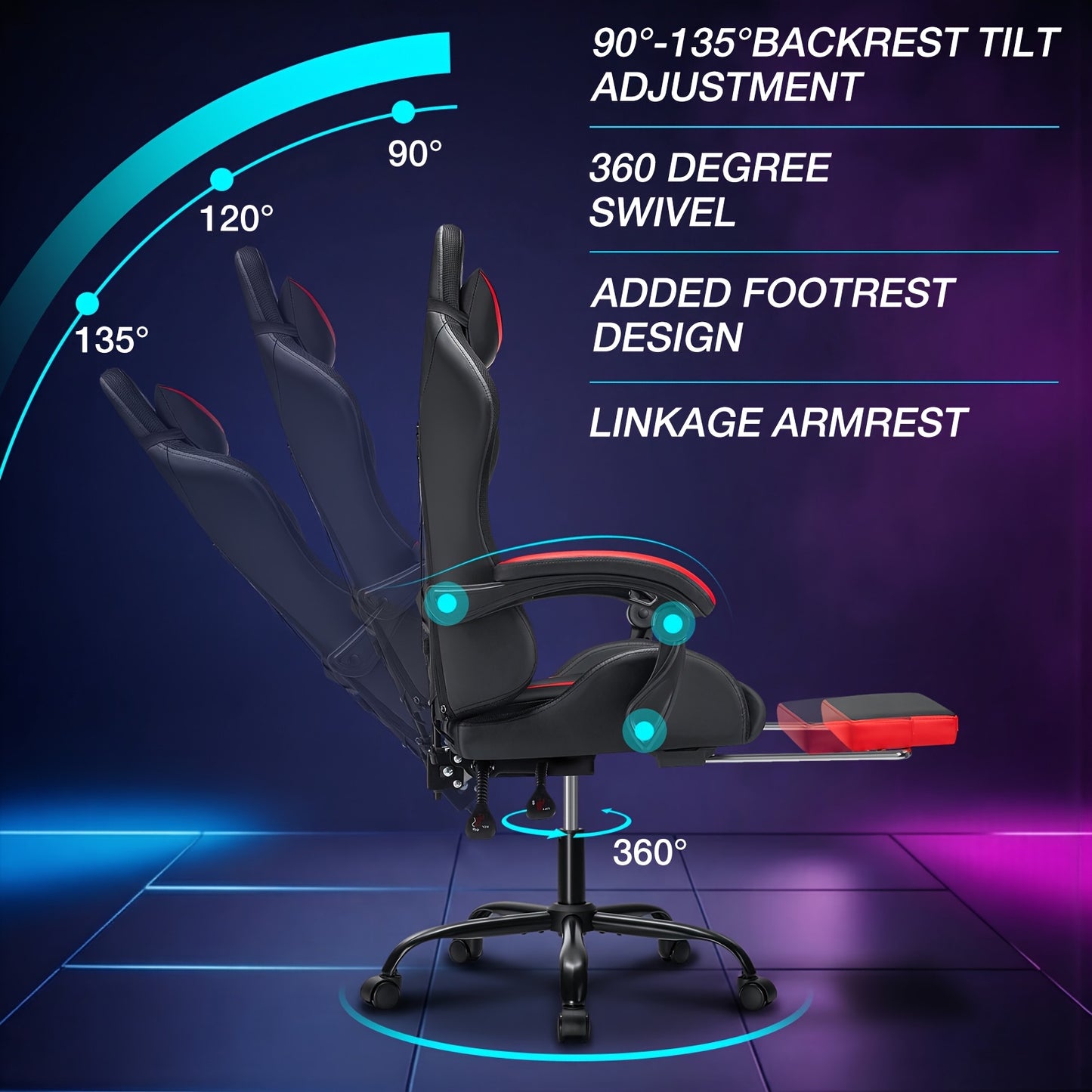 RGB Gaming Chair with LED Lights And Massage Ergonomic Computer Chair High Back Video Game Chair with Footrest And Adjustable Lumbar Support Linkage Armrest