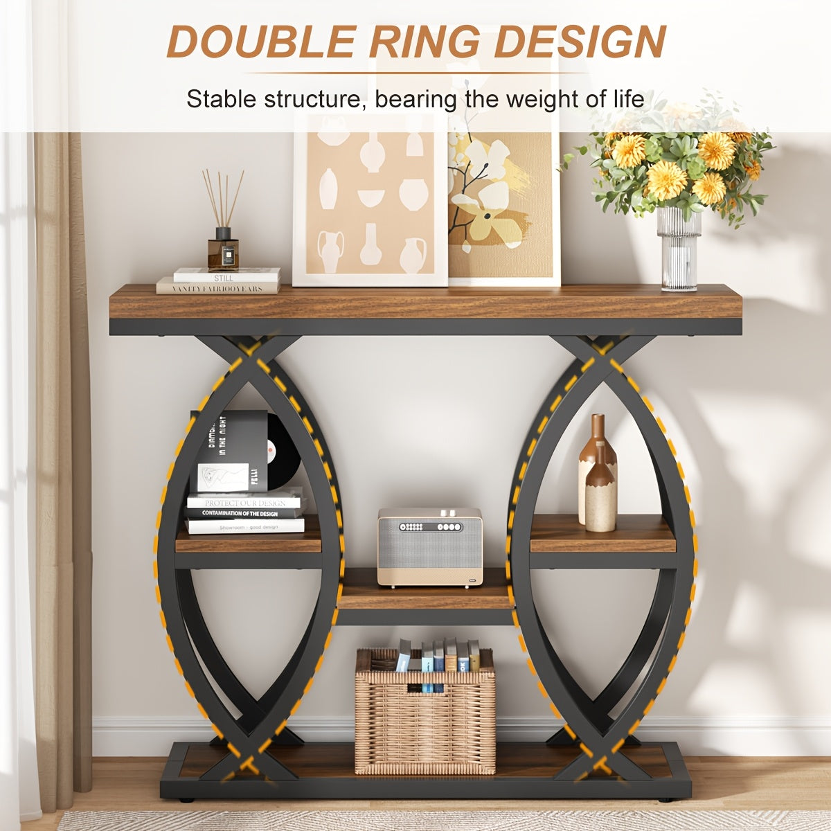 39-Inch Holiday-Themed Console Table, 4-Tier Sofa Side Table with Storage Shelves, Narrow Wood And Metal Frame Decorative Table, Suitable for Small Spaces, Hallway, Entryway, And Christmas