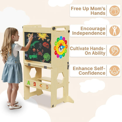 4-in-1 Toddler Learning Tower Foldable Wood Step Stool with Learning Clock & Blackboard, Kids Kitchen Helper Climbing Ladder for Motor Skills Development, Montessori Toddler Furniture, Khaki