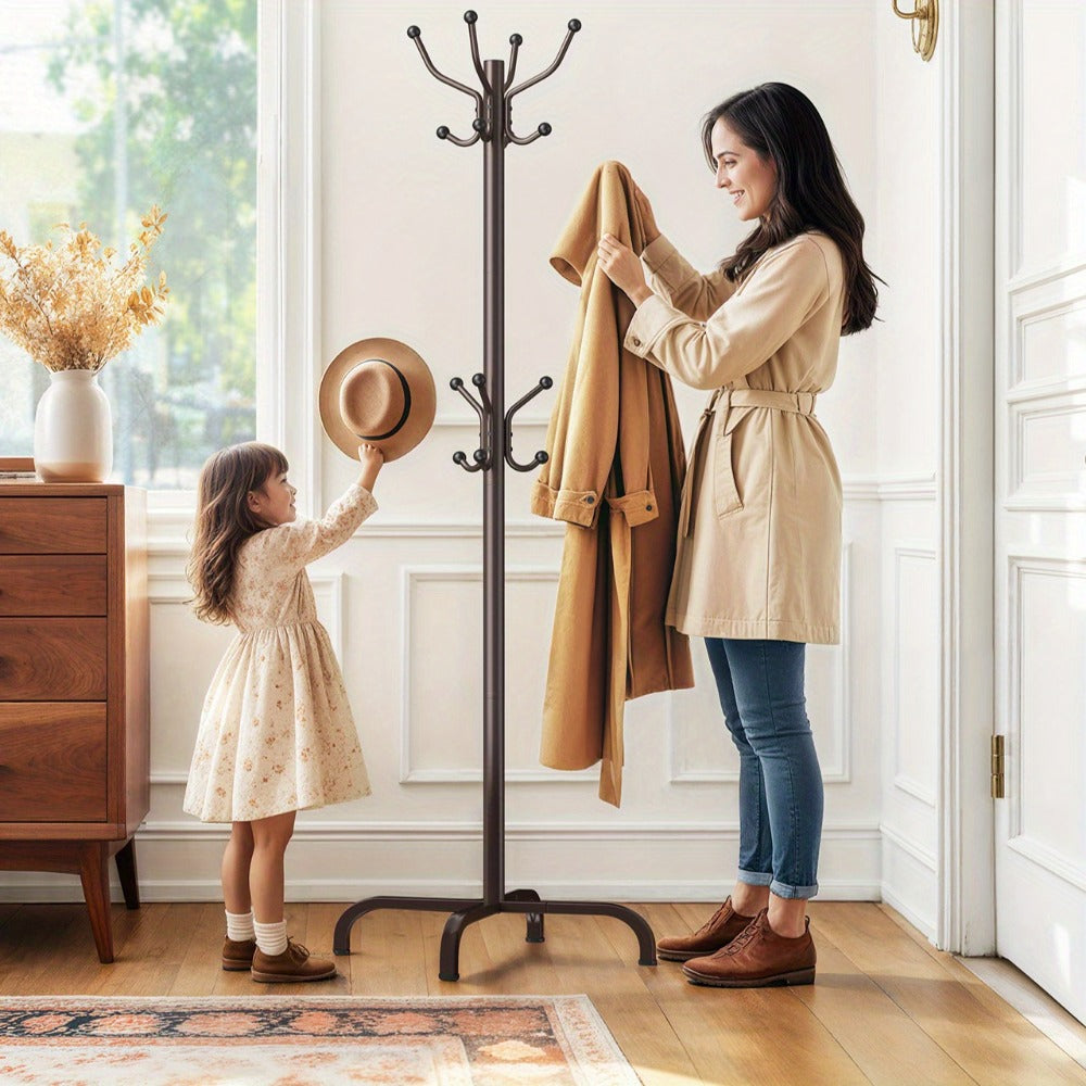 Adjustable Coat and Hat Rack with 14 Hooks and 4 Height Settings, Freestanding Metal Clothes Hanger Stand for Entryway Bedroom Home Office, Holds Hats Coats Bags Outdoor Gear, Brown Natural Wood Finish