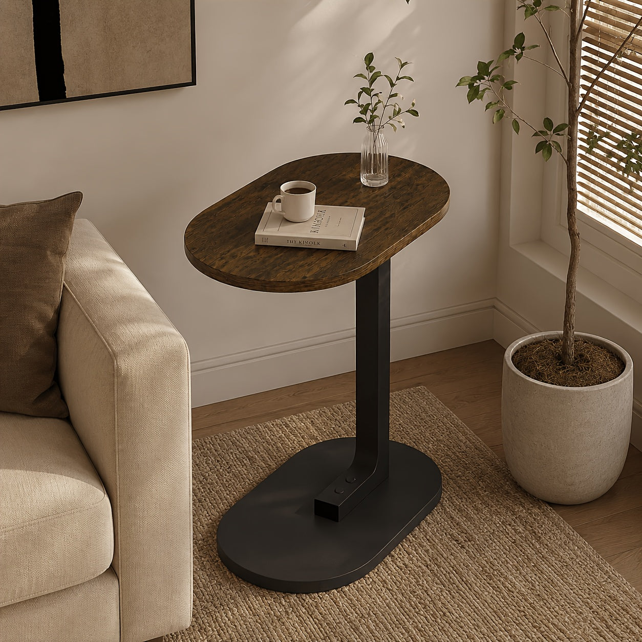 Mall C-shaped Side Table, Round Bedside Sofa End Table, TV Tray Table, Simple Bedside Table, Narrow Side Table In Living Room, Bedroom, Office, Easy to Install, Good Things At Home