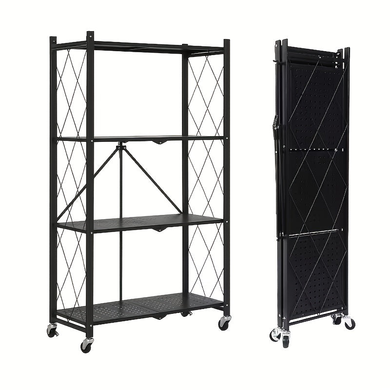 3/4/5-Tier Heavy-Duty Foldable Storage Shelf with Wheeled Shelves for Living Room, Kitchen, Garage, Office, Industrial - Space-Saving Baking Storage Rack Storage And Organization, No Assembly Required Folding Storage Shelf
