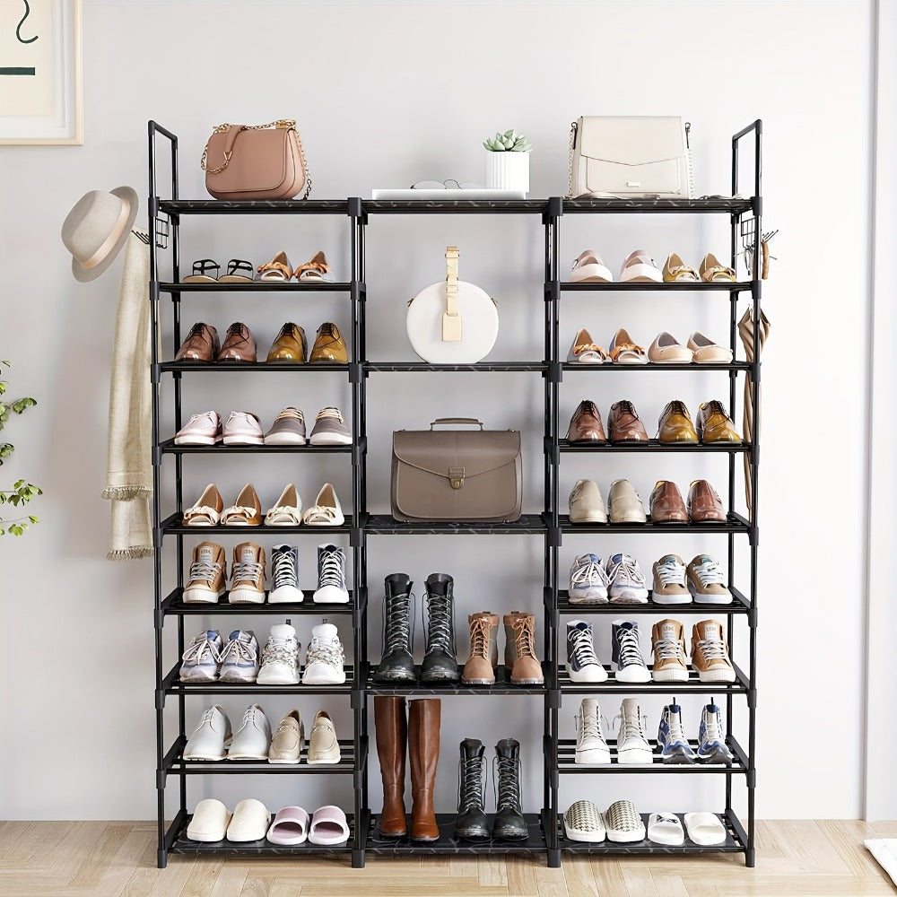 9 Tier Metal Shoe Rack Organizer 50-55 Pairs Large Capacity Stackable Freestanding Shoe Shelf with Hooks for Entryway Closet Bedroom Black Heavy Duty Storage