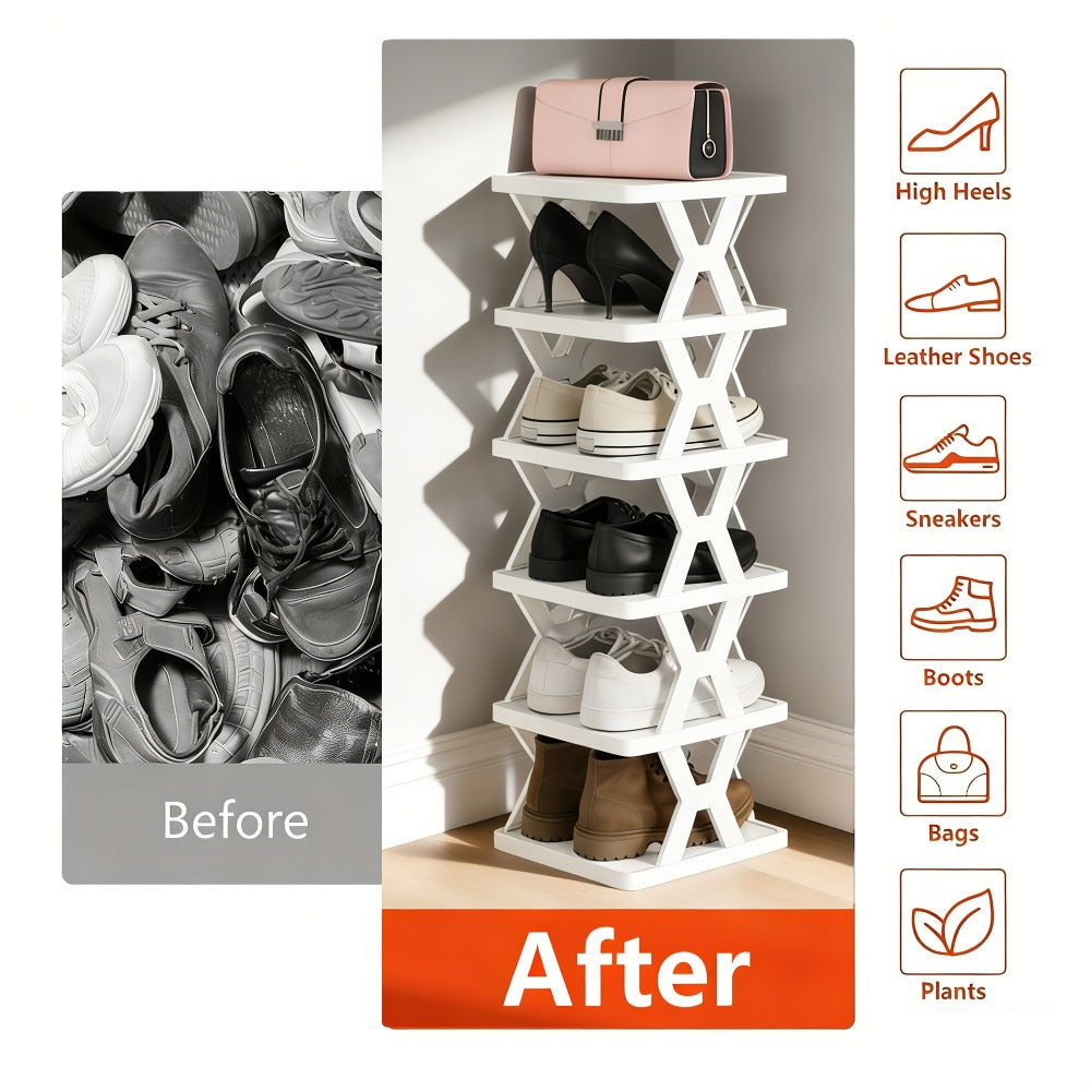 Stackable Shoe Organizer Rack 6 or 9 Tier Vertical Plastic Shoe Rack with Shoe Horn for Closet Hallway Entryway Bathroom Dorm Space Saving White Black