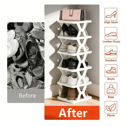 Stackable Shoe Organizer Rack 6 or 9 Tier Vertical Plastic Shoe Rack with Shoe Horn for Closet Hallway Entryway Bathroom Dorm Space Saving White Black