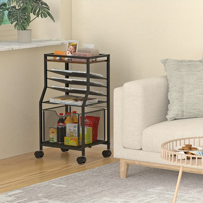 Rolling File Cart with Drawer for Hanging File Folders – Under Desk Office Cart with Paper Trays, Wood & Mesh 3-in-1 File Organizer, 14.8"L x 11.8"D x 27.7"H