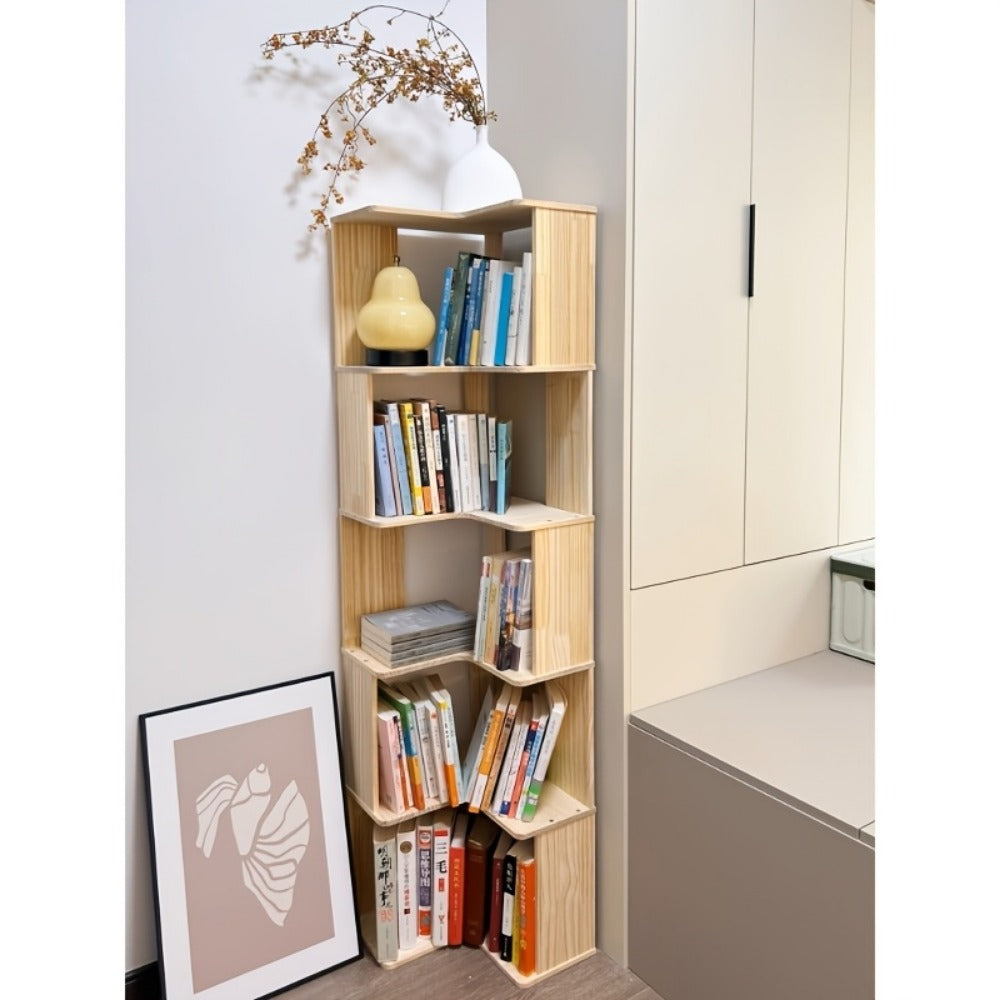 Solid Wood Corner Bookshelf 3 4 5 Tier No Paint No Formaldehyde Space-Saving Rustic Corner Bookcase for Bedroom Living Room Study Balcony, Easy Assembly