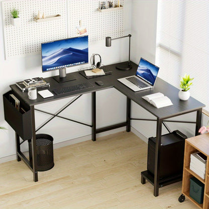 L-Shaped Computer Desk, Wooden Corner, PC Computer Desk with Storage Pocket for Home, Office And Game Room, Black