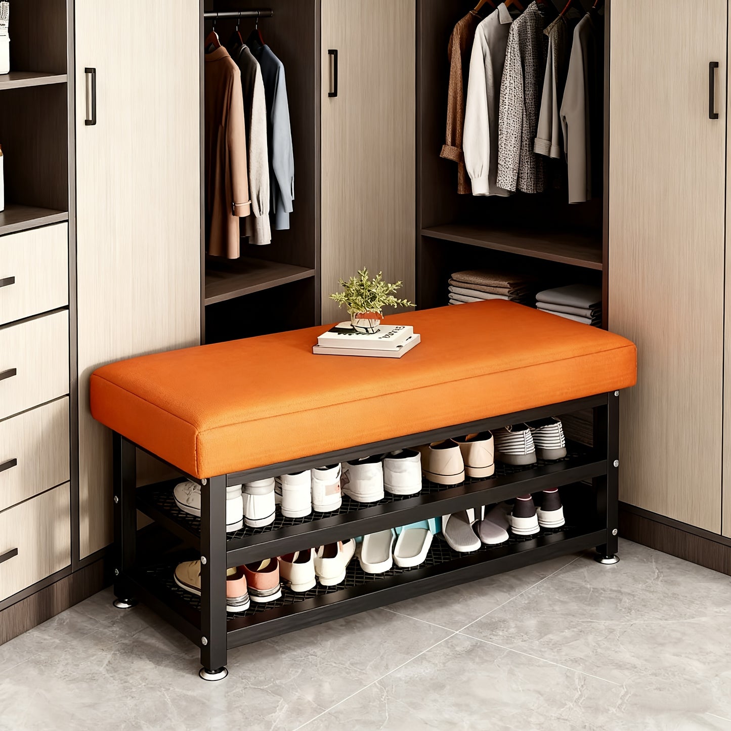 [Soft Cushion Shoe Stool] Modern Shoe Changing Stool with Soft Cushion- Multi Compartment Shoe Storage Organizer, Space Saving Metal Frame Shoe Rack for Bedroom or Foyer, Easy to Install Entrance Passage Storage