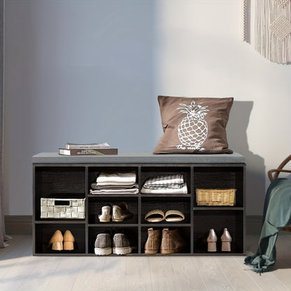 Shoe Storage Bench 3-Tier with 10 Adjustable Cubbies Upholstered Entryway Bench Organizer for Hallway, Living Room & Bedroom – Black & Brown
