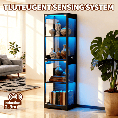Single Door Glass Display Cabinet 4 Tier with 3 LED Lights Smart Motion Sensor Large Capacity Storage for Tableware Cups Wine Dining Room Living Room Black White