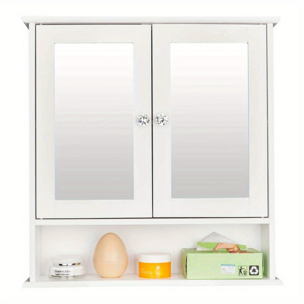 Modern White Metal Wall-Mounted Bathroom Storage Cabinet with 2 Mirror Doors & Adjustable Shelves - Space-Saving Medicine Organizer for Kitchen, Laundry Room, Hotels - Easy Assembly, No Electrical Needed, Narrow Bathroom Storage Cabinet, Contemporary Desi