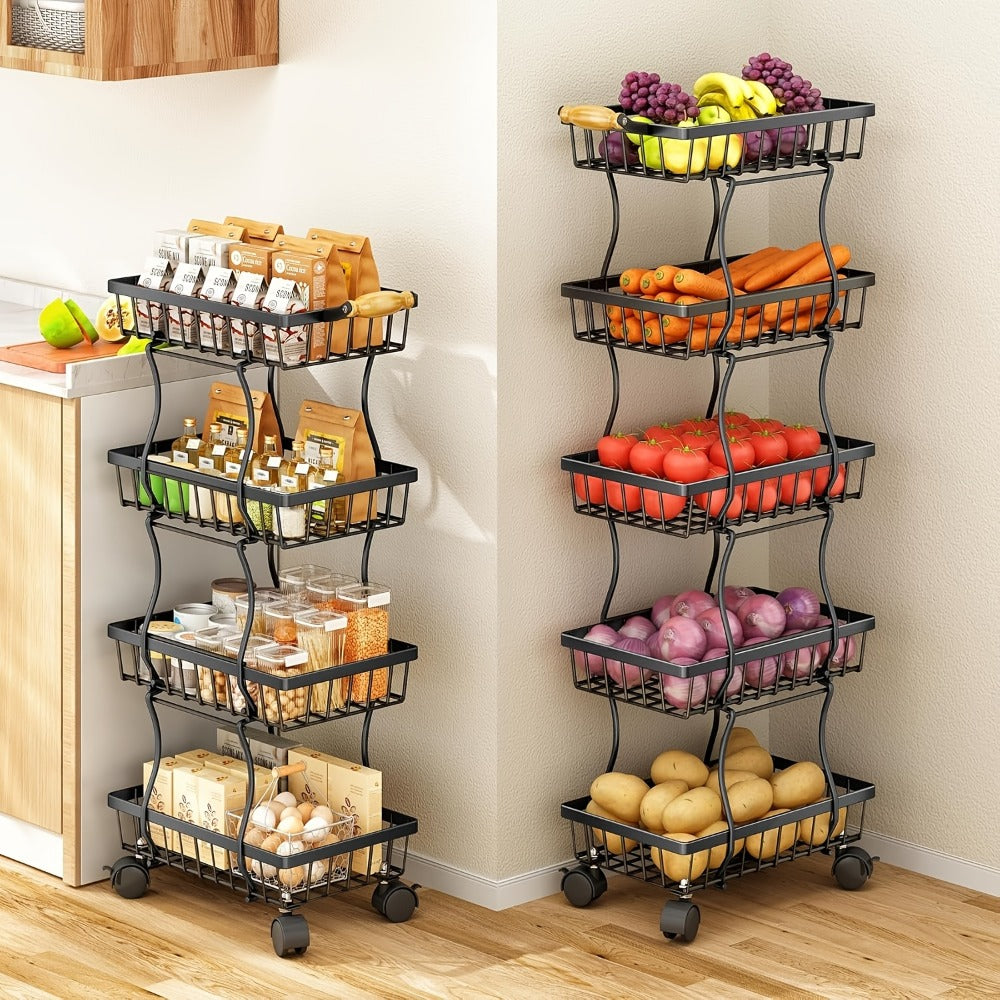Stackable Metal Storage Cart with Wheels 4/5 Tier - Fruit Vegetable Basket Rotating Narrow Gap Corner Rack for Kitchen Pantry and Bathroom
