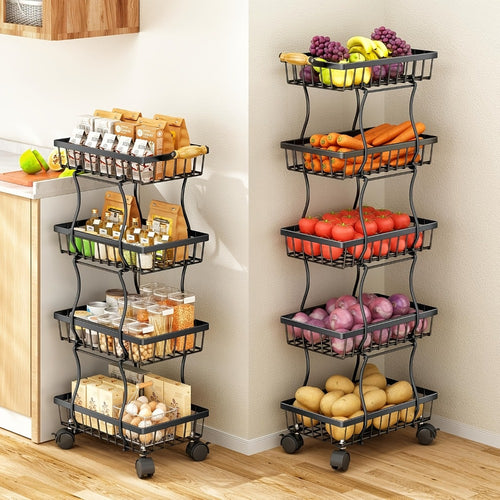 Stackable Metal Storage Cart with Wheels 4/5 Tier - Fruit Vegetable Basket Rotating Narrow Gap Corner Rack for Kitchen Pantry and Bathroom