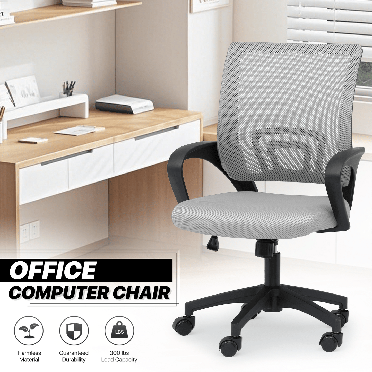 Mesh Office Home Chair, Mid Back Ergonomic Rolling Swivel Chair with Padded Seat and Armrest