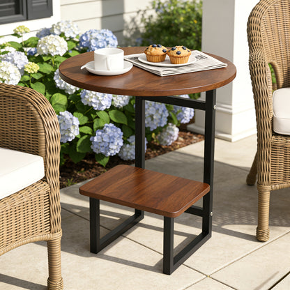 [Outdoor Round Side Table] Outdoor Round Side Table With Double-Layer Storage Shelf, MarbleTexture Imitation Stone Courtyard End Table, Sturdy Black Metal Frame, Weather-Resistant Side Table Is Suitable For Balcony Coffee Corner, Small Space Courtyard/Ter
