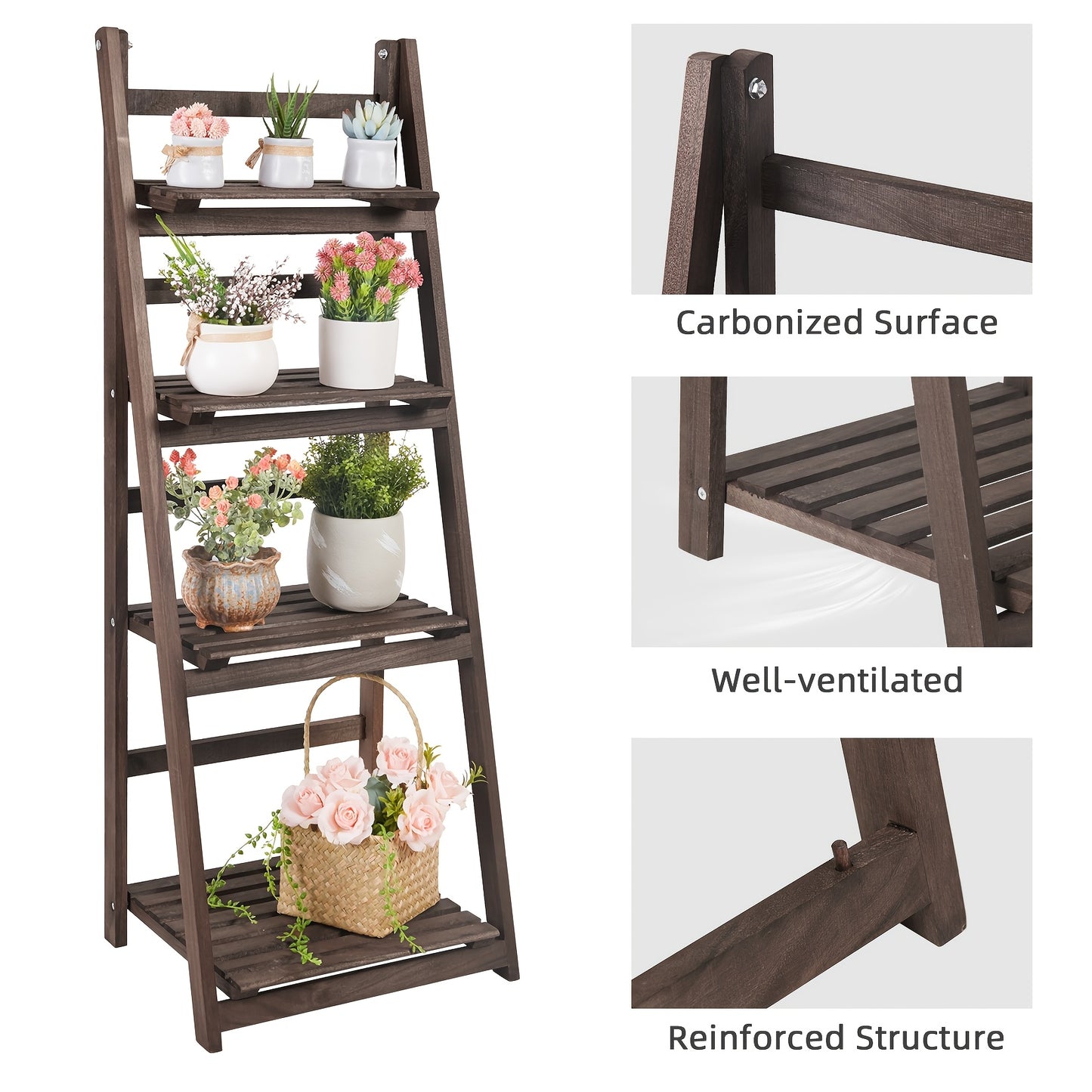 A Sturdy Wooden Plant Display Stand with Four Levels, Perfect for Organizing Your Garden, Patio, Balcony, Or Living Room Corner