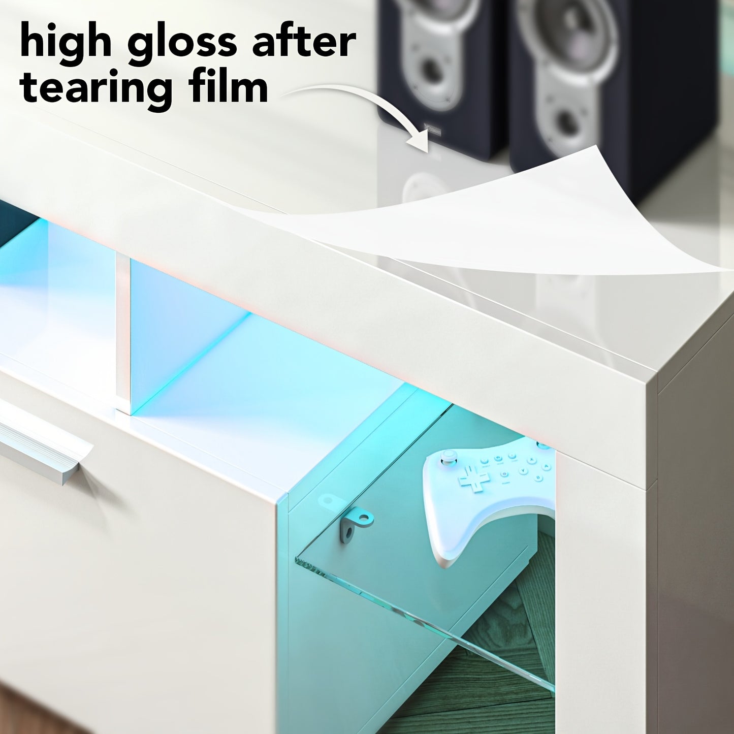 71" High Gloss White TV Stand with LED Lights for 55/65/75/80 Inch TVs, Gaming Entertainment Center with Cabinet for PS5, Modern Media Console Table with Glass Shelves for Living Room, Game Room, Bedroom