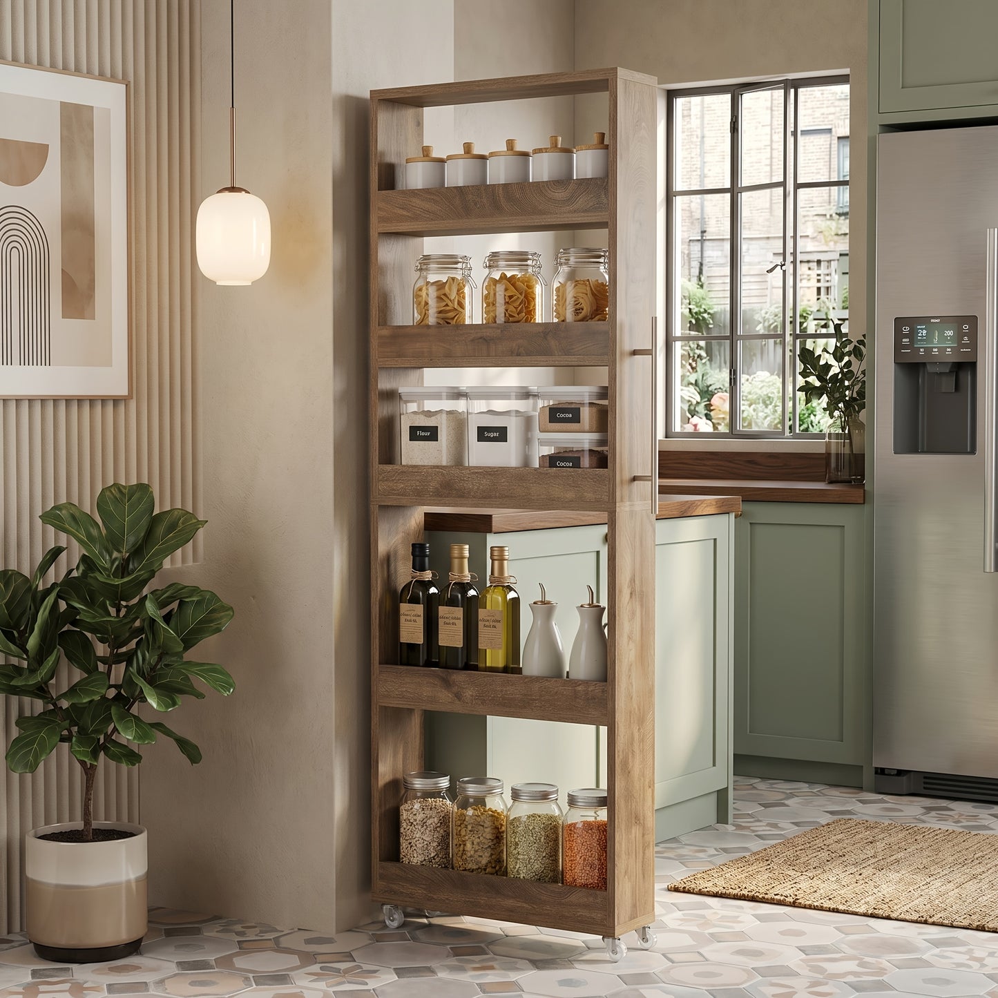 Slim Storage Cart with 4-Tier Slide Out Shelves, Rolling Narrow Utility Cart on Wheels for Small Spaces, Kitchen, Bathroom, Laundry Room, Rustic Design with Handle