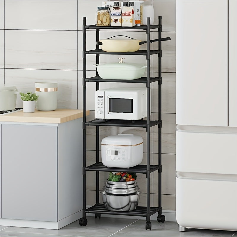 Compact 6-Tier Metal Rolling Cart with Hooks, Adjustable Shelf Height, Multi-Purpose Storage Organizer for Kitchen Utensils & Condiments, Bedroom, Bathroom & Laundry Room, Open-Style Space-Saving Modular Utility Cart