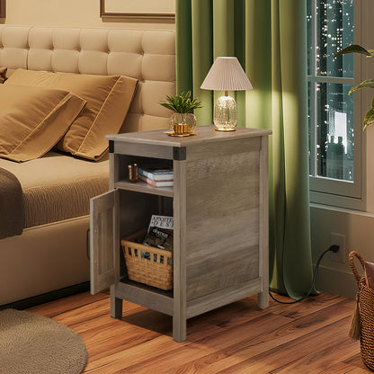 Farmhouse End Table with Charging Station, Couch with USB Ports And Outlets for Small Spaces, Nightstand with Storage, Narrow Side Table for Living Room, Bedroom