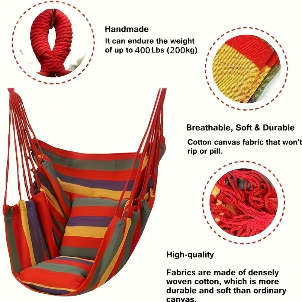 3-Piece Outdoor Canvas Hammock Set with 2 Pillows Single Hammock No Bracket Needed Space Saving Easy Install for Garden Balcony Patio 2 Colors
