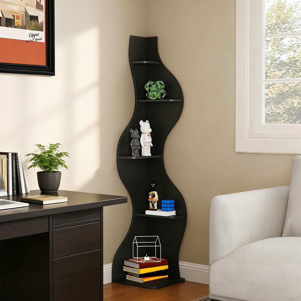 5 Tier Corner Bookshelf Wall-Mounted Bookcase, Freestanding Corner Storage Rack for Living Room Bedroom Office, Modern Stylish Display Shelf in 10 Colors