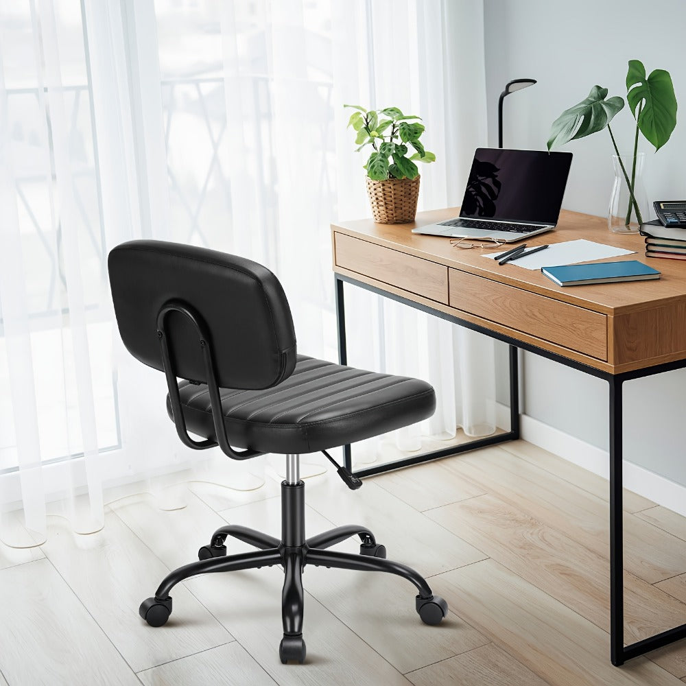 Armless Small Desk Chair with Memory Foam Seat – PU Leather Rolling Task Chair with Low Back Lumbar Support for Vanity, Bedroom, Living Room & Study, Brown, Beige, Black