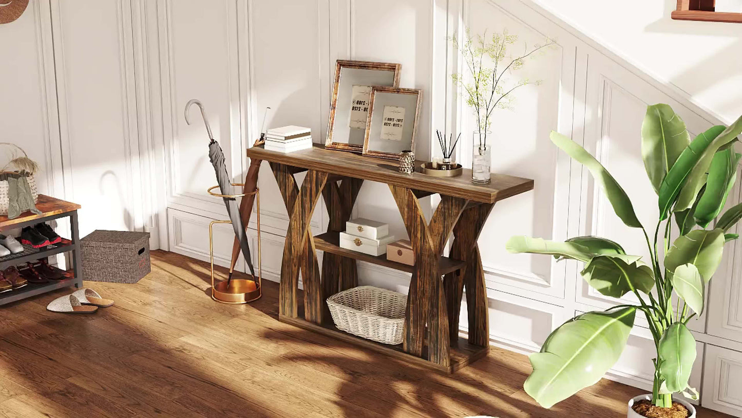 55 "Wooden Rustic Console Table, X-Shaped Leg Design, 2-Tier Shelf. Multifunctional Storage. Suitable for Use Behind The Sofa in The Living Room, in The Corridor, in The Entrance Hall, Or at The Entrance. Light Brown And Tiger Brown