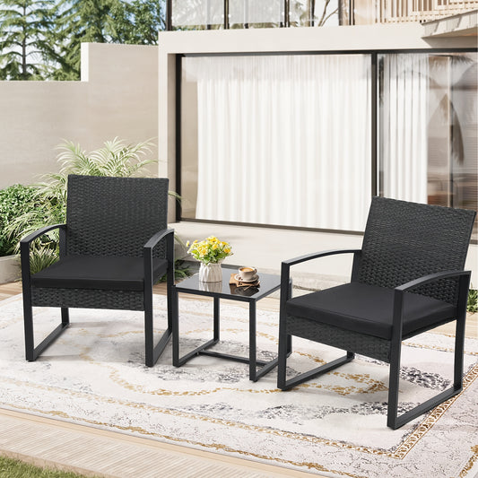 3pcs Outdoor Seating Arrangement Made of Wicker Rattan, Featuring Two Waterproof Chairs with Plush Cushions And a Bistro Table Topped with Safety Glass, on