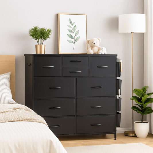 Black Storage Cabinet with Ten Drawers And Side Pockets, Ideal for Organizing Wardrobes in Bedrooms, Hallways, Living Areas, And More