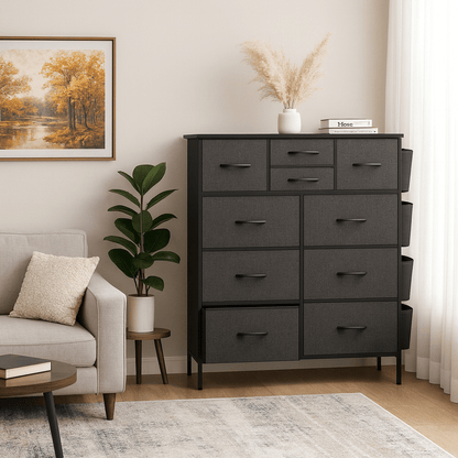 Black Storage Cabinet with Ten Drawers And Side Pockets, Ideal for Organizing Wardrobes in Bedrooms, Hallways, Living Areas, And More