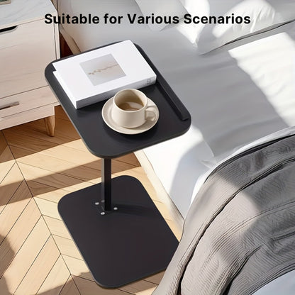 C-Shaped Side Table Adjustable Height 360° Rotating Sofa End Table, TV Tray Laptop Desk Nightstand for Bedroom Living Room Small Spaces, Black & Coffee Brown