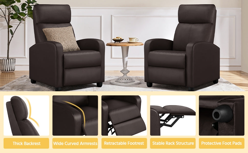 Costoffs PU Leather Recliner Chair, Modern Adjustable Single Reclining Sofa with Pocket Springs, Comfortable Upholstered Leather Armchair for Living Room, Bedroom, and Home Theater