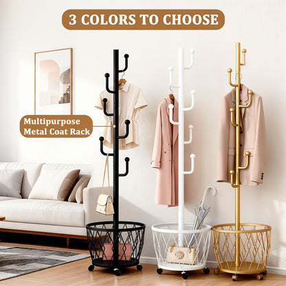 2-in-1 Heavy-Duty Freestanding Rolling Coat Rack with Storage Basket - Mobile Garment Hanger Suitable for Entryway, Bedroom, Living Room, Bathroom - Space-Saving Organizer with Round Hooks & Wheels, Multi-Room Furniture for Mother's Day Gifts