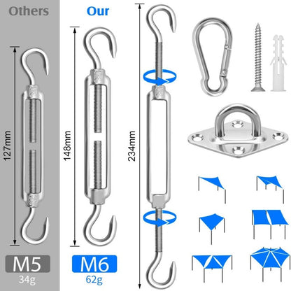 44 Pcs Shade Sail Hardware Kit, 6 Inch Outdoor Sun Sail Accessories, 304 Stainless Steel Turnbuckles & Brackets for Triangle/Rectangle Sails, Patio Canopy Installation Hardware Set Waterproof