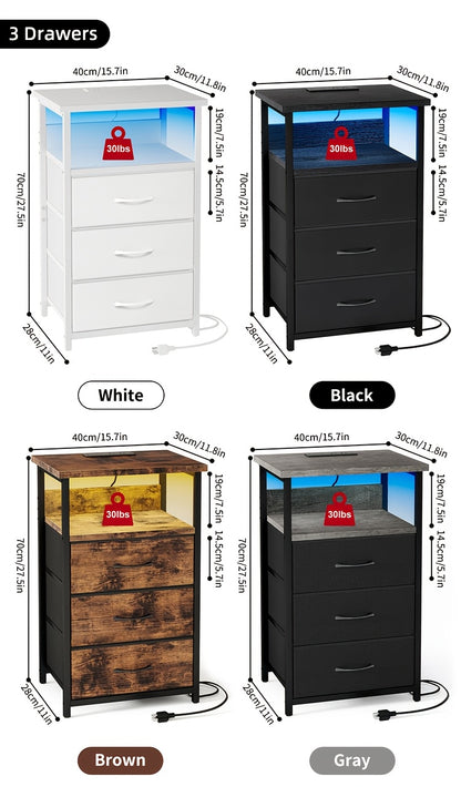 [Halloween Christmas] TOMNK Night Stand With Charging Station Set Of 1/2, Dresser For Bedroom With LED Light, Side Table With USB Port, 3/4 Fabric Drawers With PU End, For Small Spaces, Closet, School And Dormitory Storage, Entryway, For Halloween And Chr