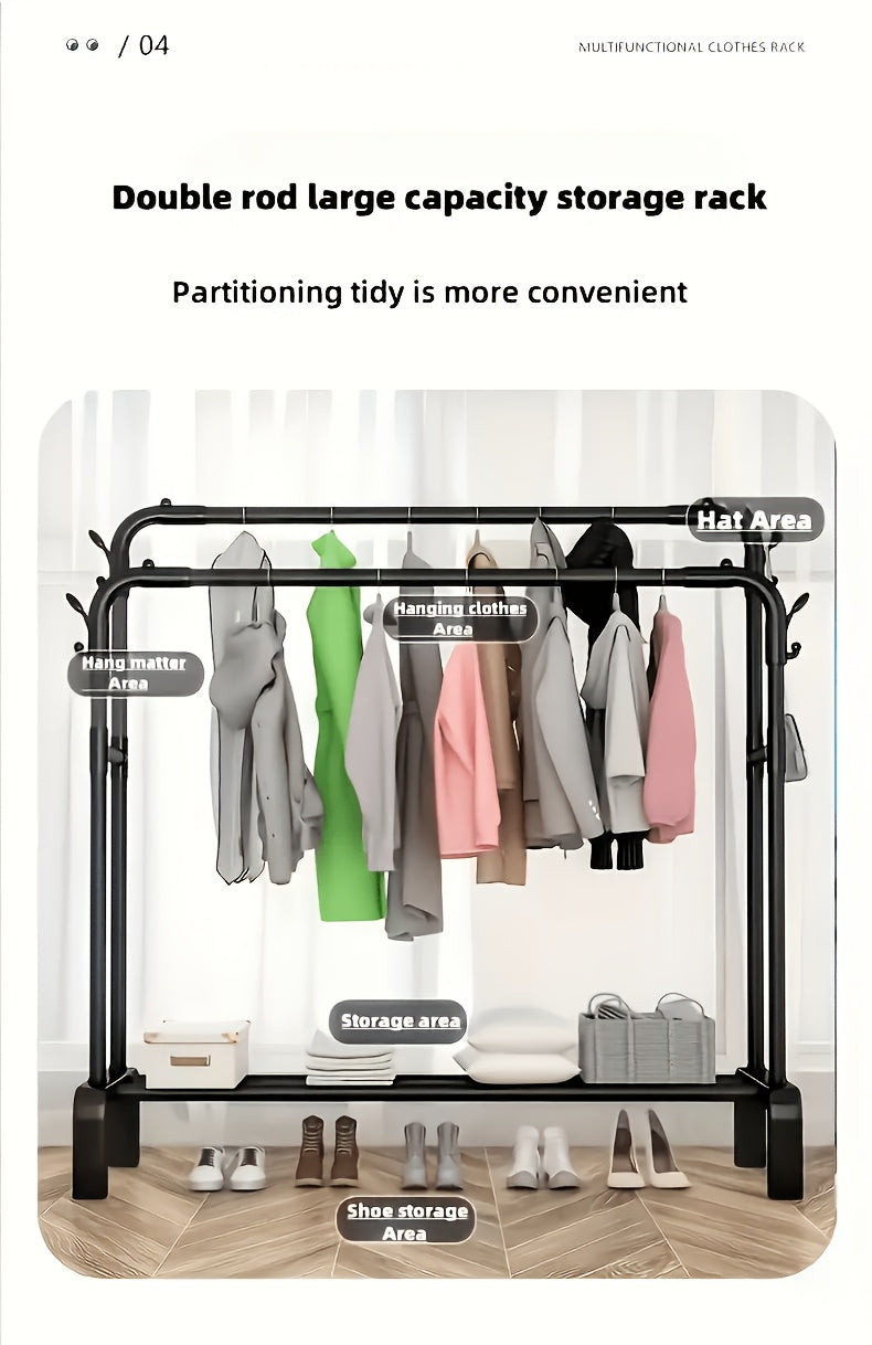 Upgraded Garment Rack with Double Metal Rods, Clothing Rack Heavy Duty Clothing Racks for Hanging Clothes, Steel-Plastic Dual-Rod Black Hanger, Freestanding Wardrobe Closet Rack, for Bedroom