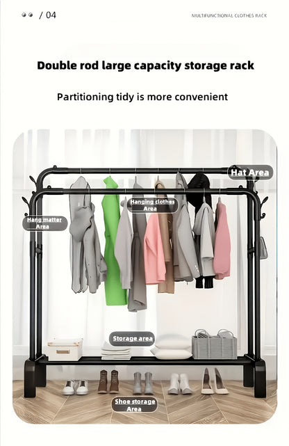 Upgraded Garment Rack with Double Metal Rods, Clothing Rack Heavy Duty Clothing Racks for Hanging Clothes, Steel-Plastic Dual-Rod Black Hanger, Freestanding Wardrobe Closet Rack, for Bedroom