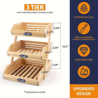 Bamboo Fruit Basket Rack for Kitchen Counter – 2 or 3 Tier Countertop Produce Storage with Ventilation, Removable Hooks & Non-Slip Pads, Natural Wood Organizer for Fruits, Vegetables & Bread