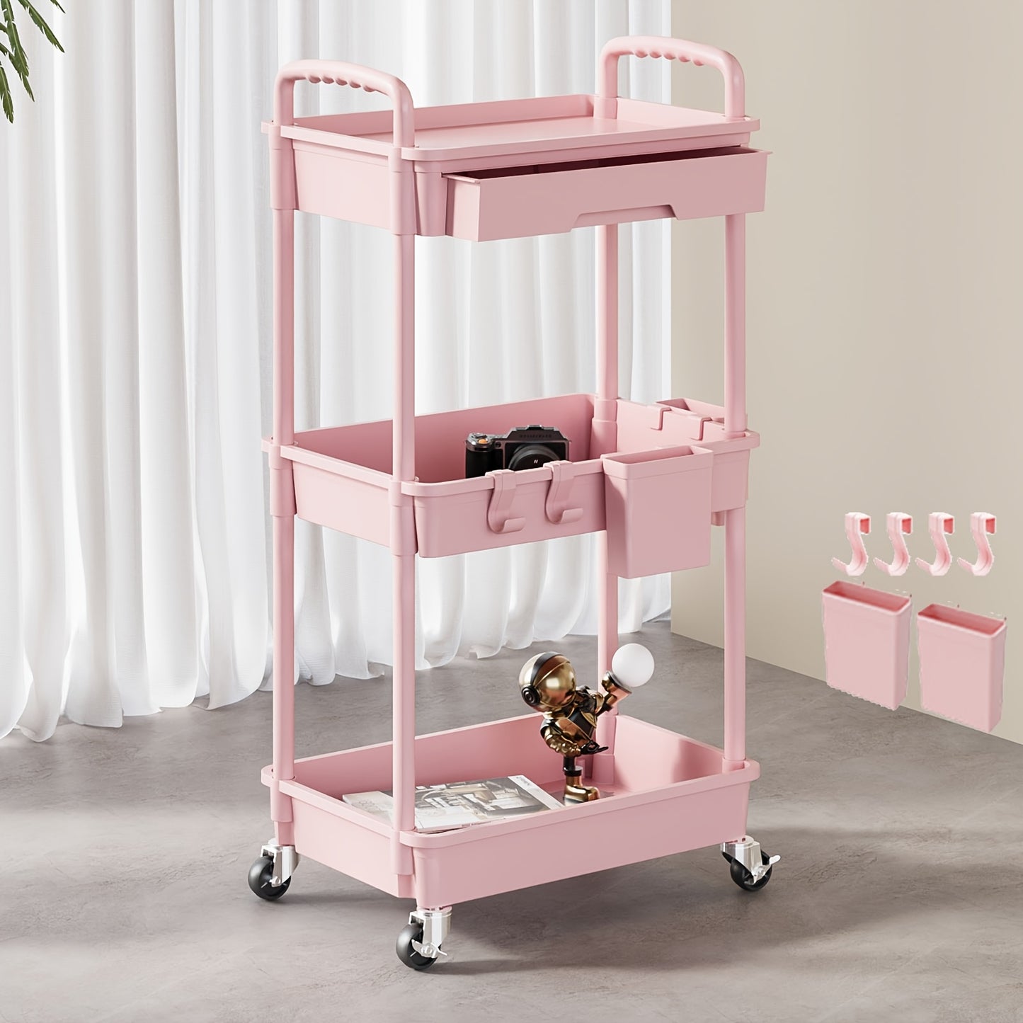 3 Tier Multifunctional Rolling Cart with Drawer, Durable Plastic Rolling Cart- with Drawers And Lockable Wheels, Includes Practical Accessories Like Cup Holders And Hooks - Easy Assembly Storage Cart, for Kitchen, Bathroom, Living Room