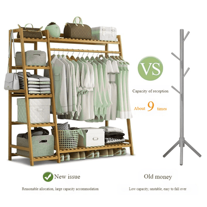 A multi capacity storage rack with brown and brown options, equipped with 5 side storage racks. A hat rack with shelves and bags is suitable for home storage, and a side hat hook is suitable for bedroom and hat room storage Specifications: with bag or wit