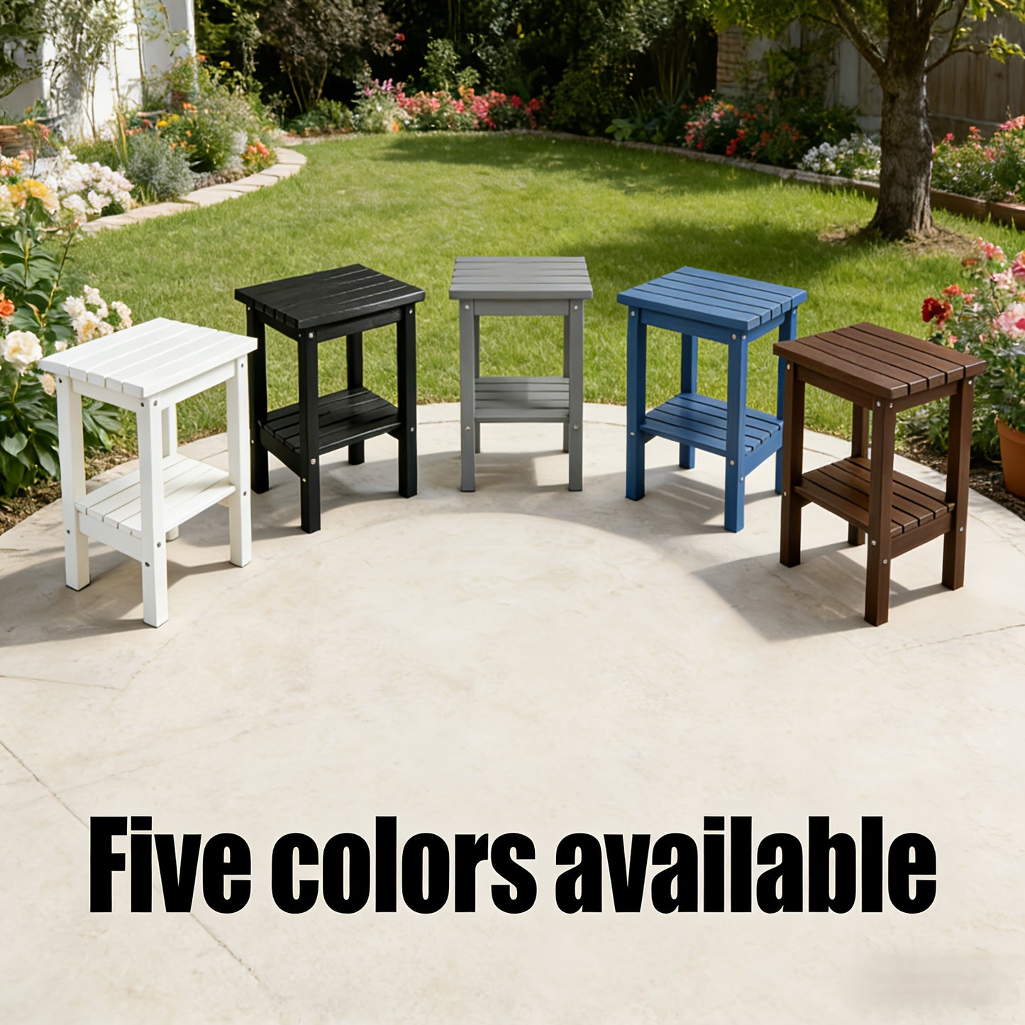 2-Tier Adirondack Side Table | Weather Resistant Wooden End Table, Rectangular Rustic Outdoor & Indoor Small Table For Patio, Garden, Lawn, Porch Or Living Room, High Density Polyethylene Frame With Wood Grain Coating