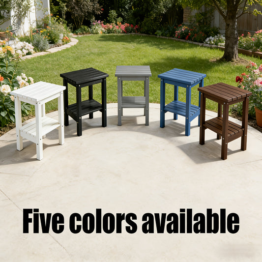 2-Tier Adirondack Side Table | Weather Resistant Wooden End Table, Rectangular Rustic Outdoor & Indoor Small Table For Patio, Garden, Lawn, Porch Or Living Room, High Density Polyethylene Frame With Wood Grain Coating