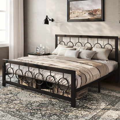 Metal Platform Bed Frame with Vintage Circular Design Headboard and Footboard Under Bed Storage No Box Spring Twin Full Queen King Black Brown