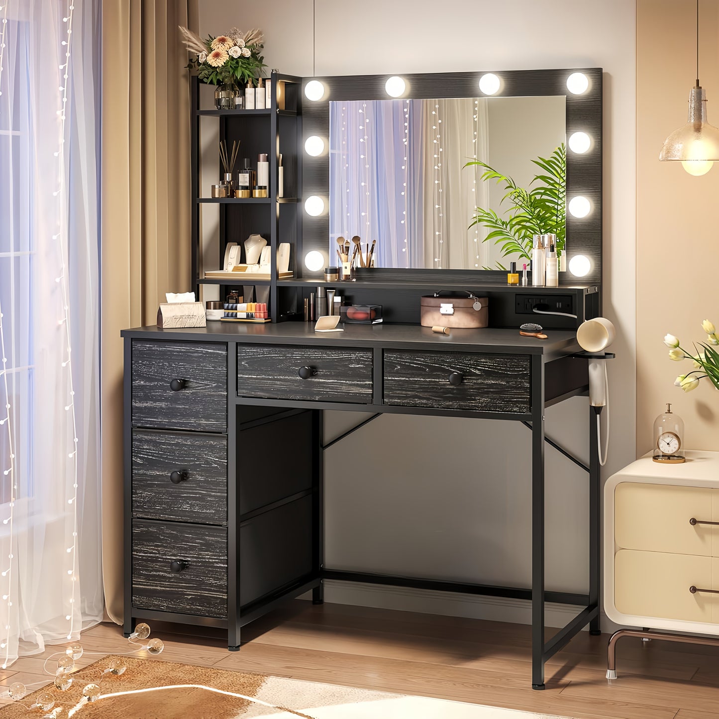 Vanity Desk with Lights - Makeup Vanity with Power Strip, 5 Large Drawers & 3 Lighting Color Adjustable Mirror, Dressing Table Set