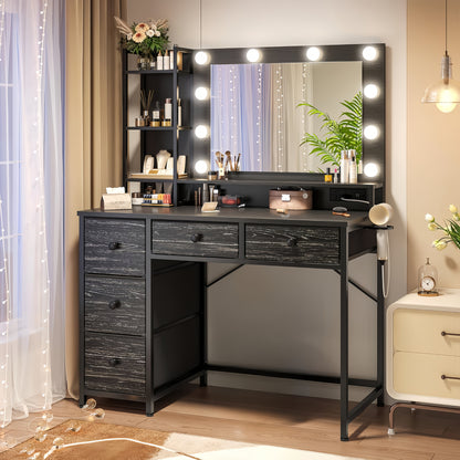 Vanity Desk with Lights - Makeup Vanity with Power Strip, 5 Large Drawers & 3 Lighting Color Adjustable Mirror, Dressing Table Set