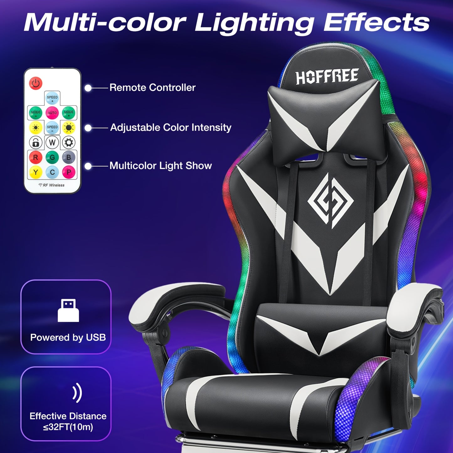 Gaming Chair with LED Light, Computer Chair with Footrest And Lumbar Support, Height Adjustable Game Chair with 360° Swivel Seat And Headrest for Office Or Gaming