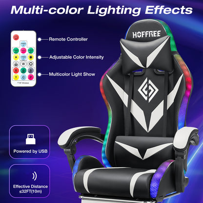 Gaming Chair with LED Light, Computer Chair with Footrest And Lumbar Support, Height Adjustable Game Chair with 360° Swivel Seat And Headrest for Office Or Gaming