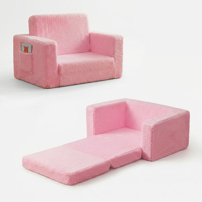 Kids Sofa 2-in-1 Convertible to Recliner Chair - Soft Plush Gray/Pink/White Youngsters Lounge Chair with Storage Pocket, Cozy Folding Playroom Furniture for Boys And Girls, Youngsters Playroom Furniture Pocketed Armrests | Velvet Upholstery, Chair